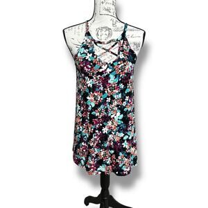 New Maurice's 24/7 Lattice Cross Front Tank Top Black Bright Flowers Small NWT